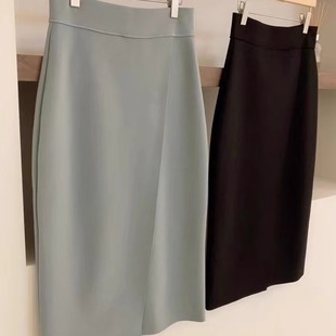 雾霾蓝气质不规则半身裙弹力松紧腰高腰简约大气中长款裙秋