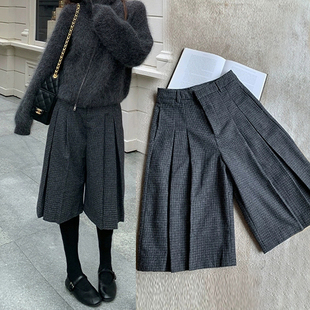 2025秋冬新款千鸟格羊毛呢中裤女前褶子设计感宽松五分裤休闲裤