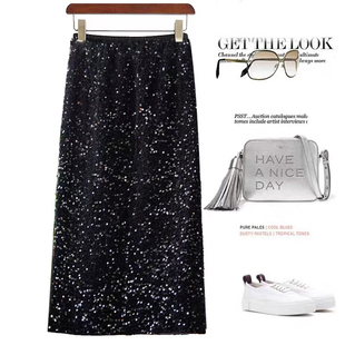 流光摇曳 重工丝绒亮片半身裙 高腰显瘦松紧腰后开叉中长款半裙