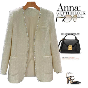 2025春季新款时尚V领钉珠小香风外套女无扣减龄西装外套