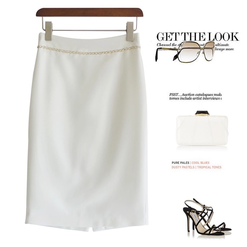 清仓 数量不多  白色通勤直筒半身裙中长款过膝一步开叉裙