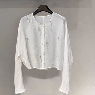 2026夏季新款重工手缝钉珠圆领长袖衬衫女短款宽松蝙蝠袖显瘦上衣