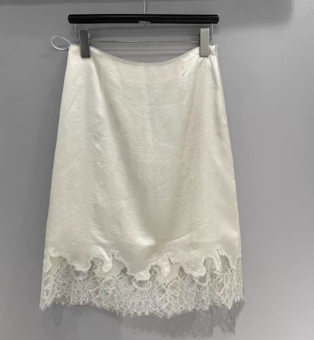 2026春夏季新款微褶醋酸裙下摆蕾丝拼接半身裙高腰显瘦A字裙中裙