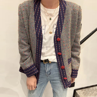 2025秋冬新款民族风粗花呢小香风外套宽松V领长袖西装外套