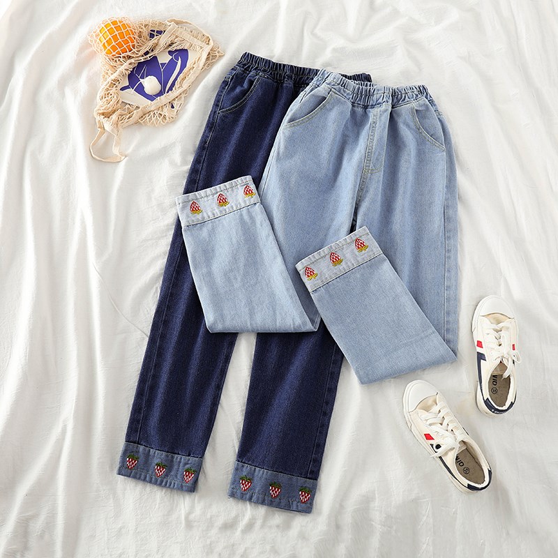 网红高腰直筒裤春装新款裤子可爱草莓刺绣休闲减龄牛仔裤女ins潮在类目 女装/女士精品, 牛仔裤中 - 来自Buy2taobao.com提供专业的淘宝代购服务