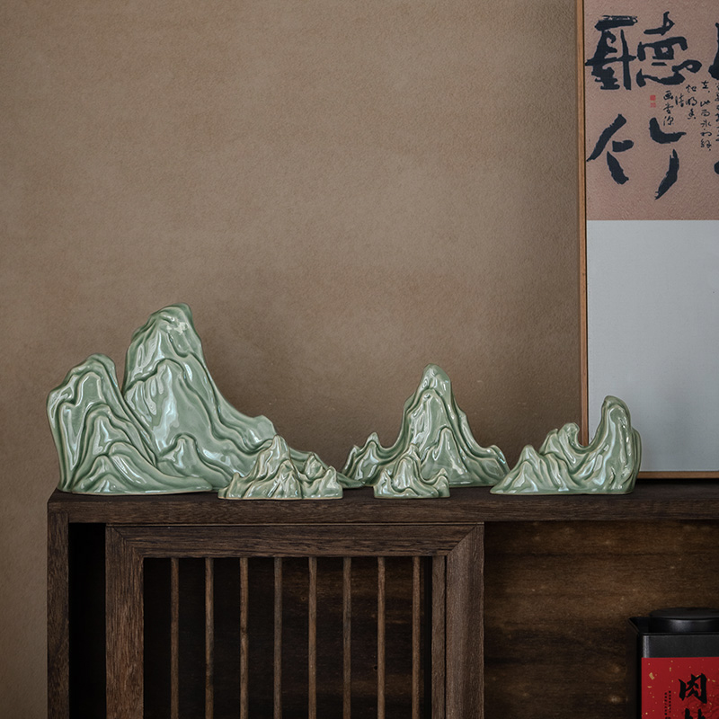 新中式微景观青瓷假山摆件