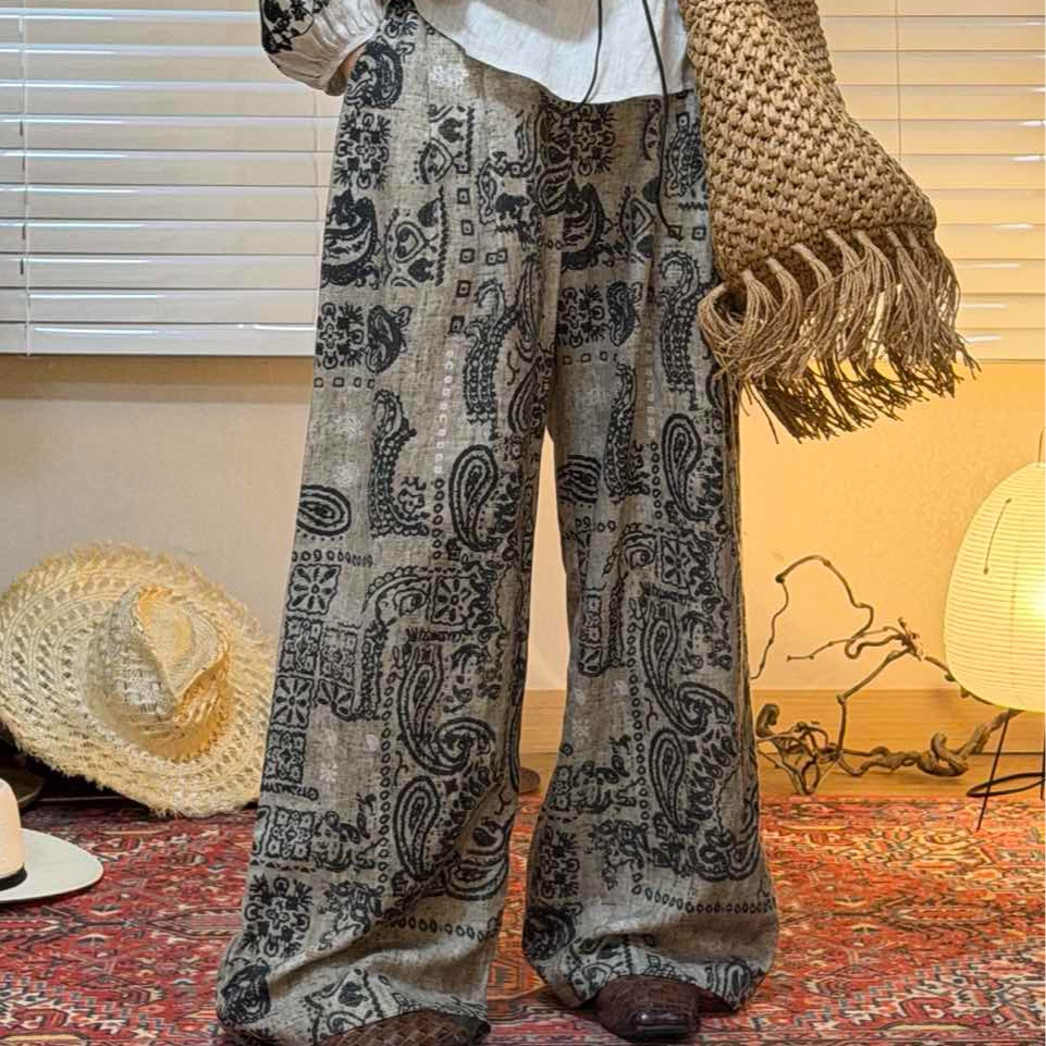 NXJ【诺丁山】微胖大码  复古度假风麻料阔腿裤长裤  260211