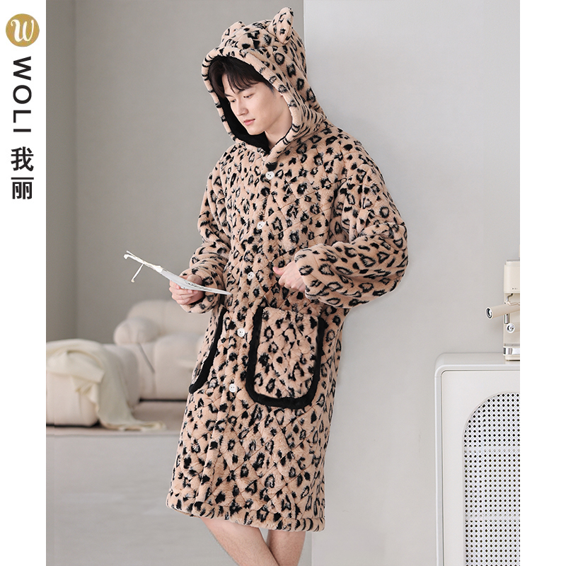 法兰绒单件加厚冬男孩初中珊瑚青少年睡袍男夹棉加绒高中生生浴袍