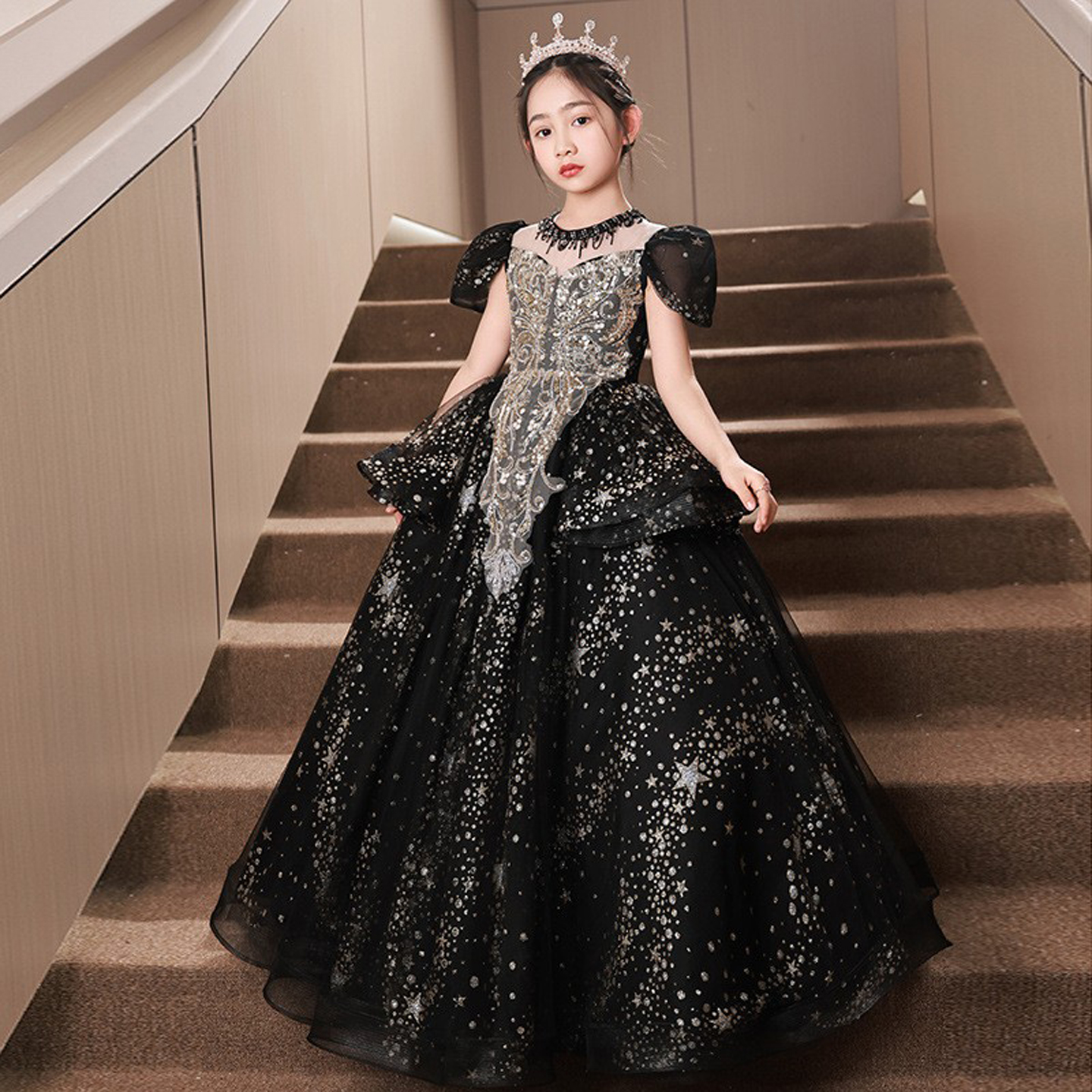女童晚礼服高端轻奢小众主持人公主裙春季黑色钢琴演奏儿童演出服