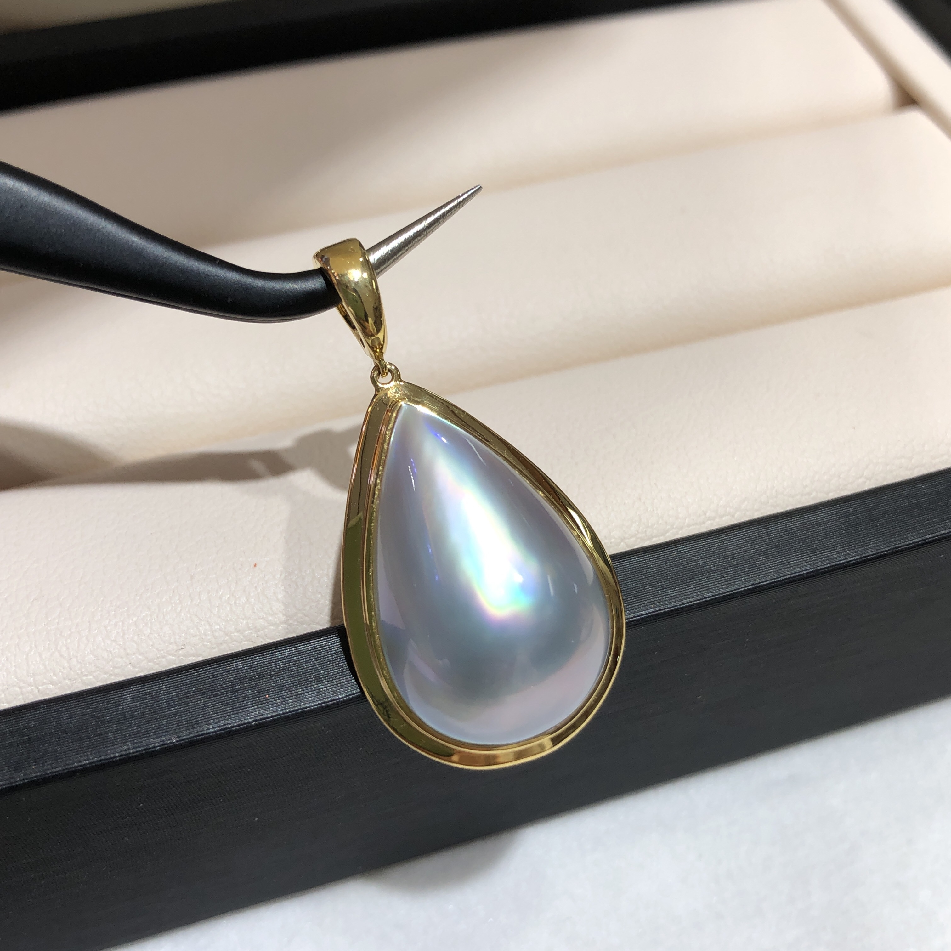 14-15MM天空蓝海水马贝珍珠吊坠18K金镶嵌可掰万能扣款复古宫廷风