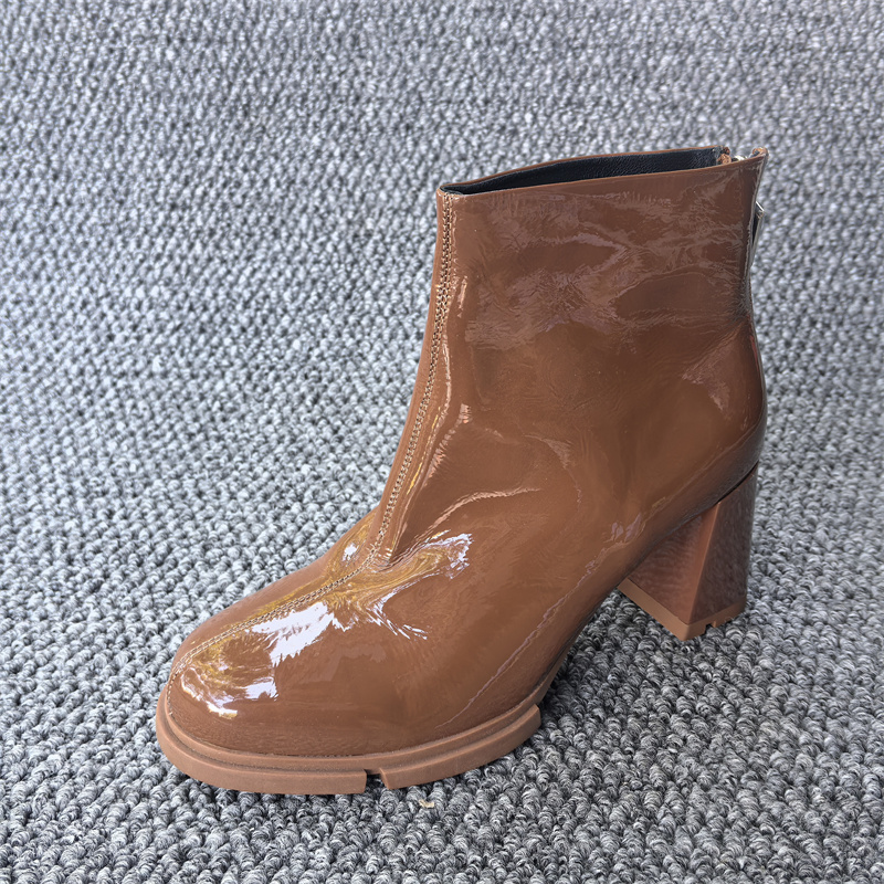 瘦瘦靴女漆皮粗跟短靴棕色高跟马丁靴牛皮百搭真皮后拉链真皮女鞋
