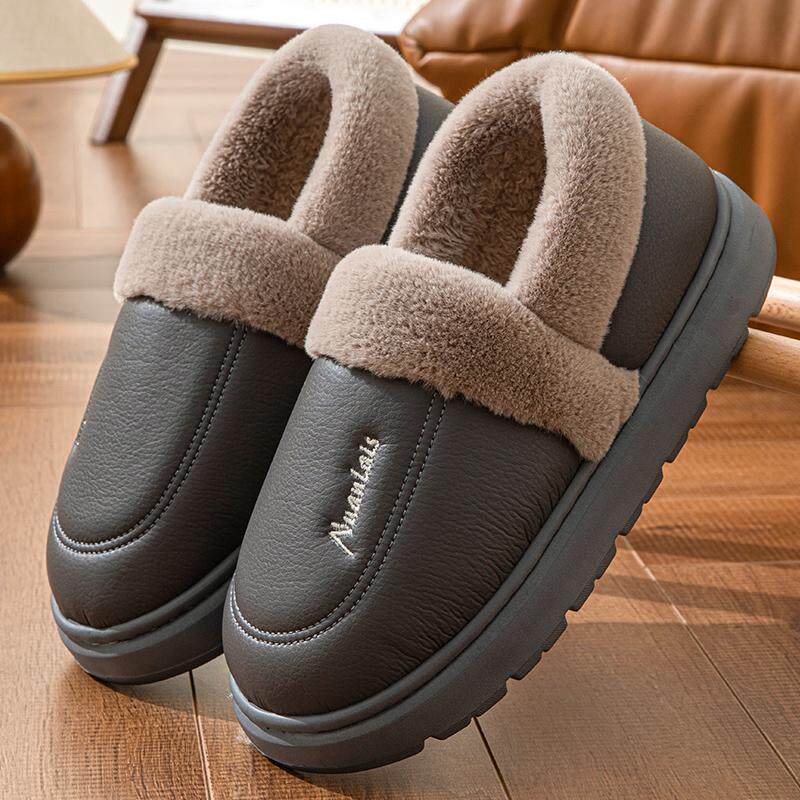 新款男士包根棉拖鞋秋冬季室内家居保暖防水防滑PU皮面拖鞋女冬天