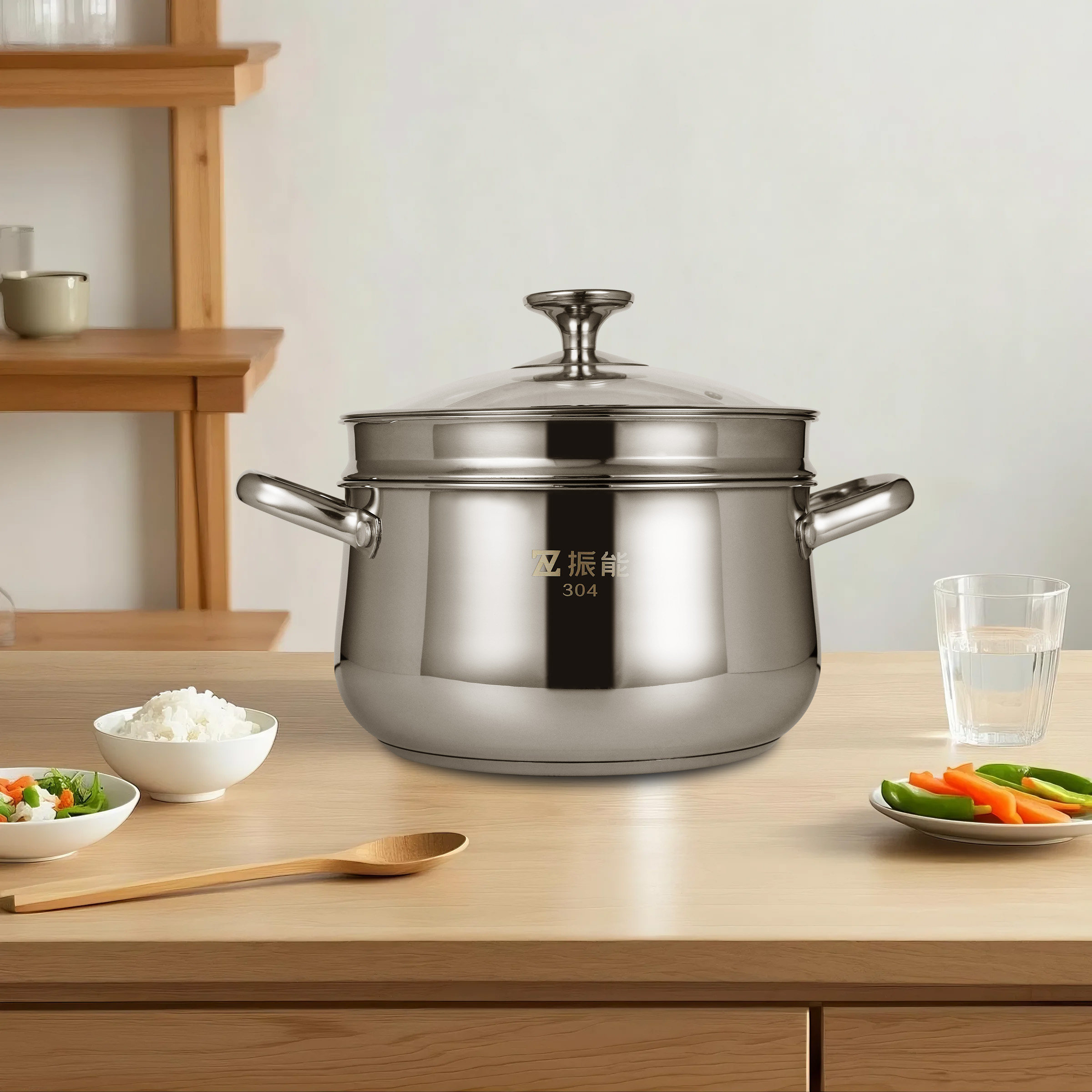 振能食品级不锈钢蒸锅多功能烹饪锅具汤锅蒸笼蒸格304加厚底双底