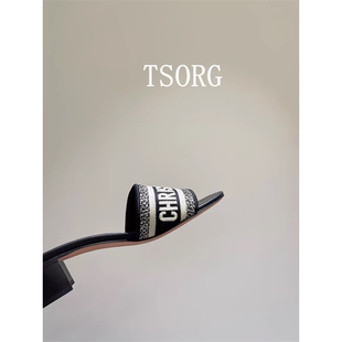 TSORG 口碑款系列！一字拖字母刺绣凉拖女粗跟平底夏外穿凉拖鞋
