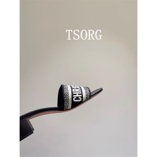 TSORG 口碑款系列！一字拖字母刺绣凉拖女粗跟平底夏外穿凉拖鞋