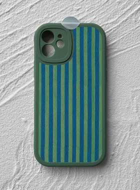 蓝绿条纹~复古适用苹果16promax手机壳全包iPhone14小羊皮opvi荣耀300防摔nova红米k80小米15华为mate硅胶P70