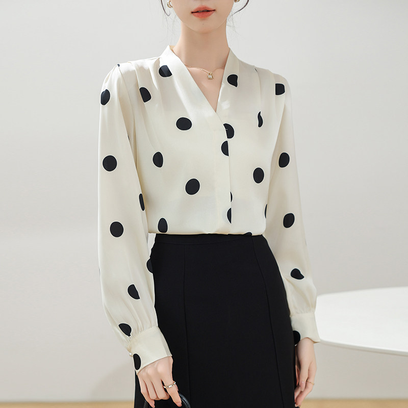 法式优雅气质波点衬衫女2025春秋新款玫瑰花飘带复古缎面小众上衣