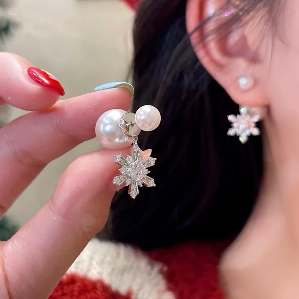 s925银针珍珠雪花吊坠耳钉女超仙前后耳环新款法式精致高级感耳饰