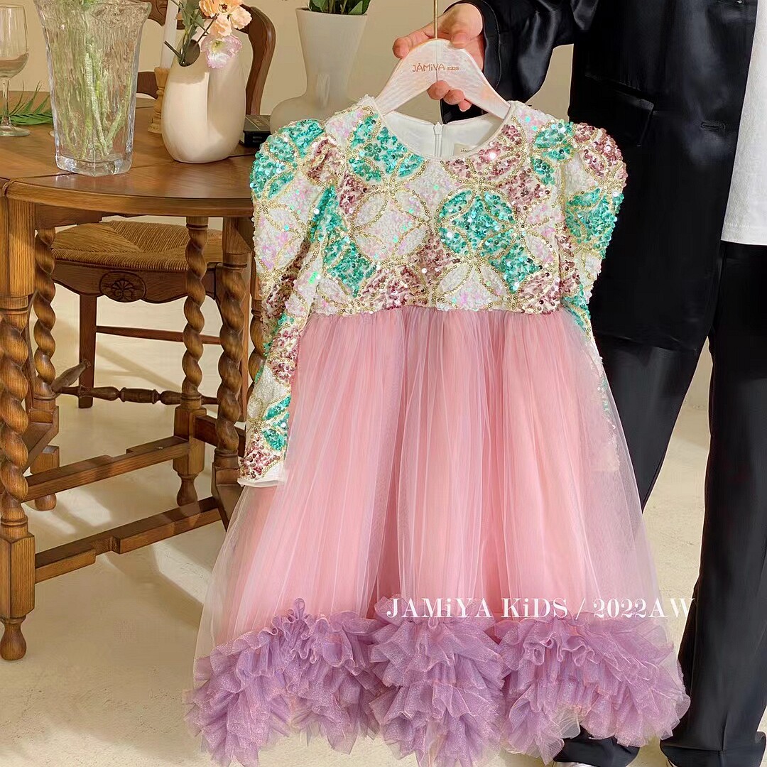 ja正品秋冬新巴洛克公主裙亮片礼服裙童装亮片网纱蓬蓬生日连衣裙