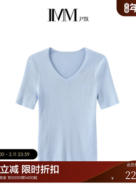 IMM尹默女装纯色V领半袖轻薄修身针织衫羊毛多色小衫打底衫夏