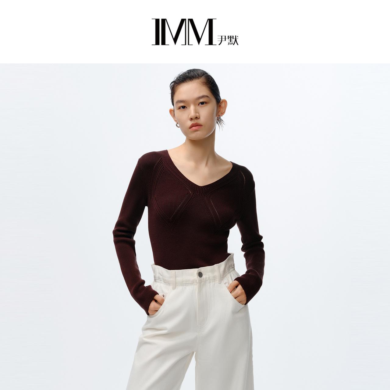 【商场同款】IMM尹默女装春季桑蚕丝V领套头菱形设计长袖毛衫