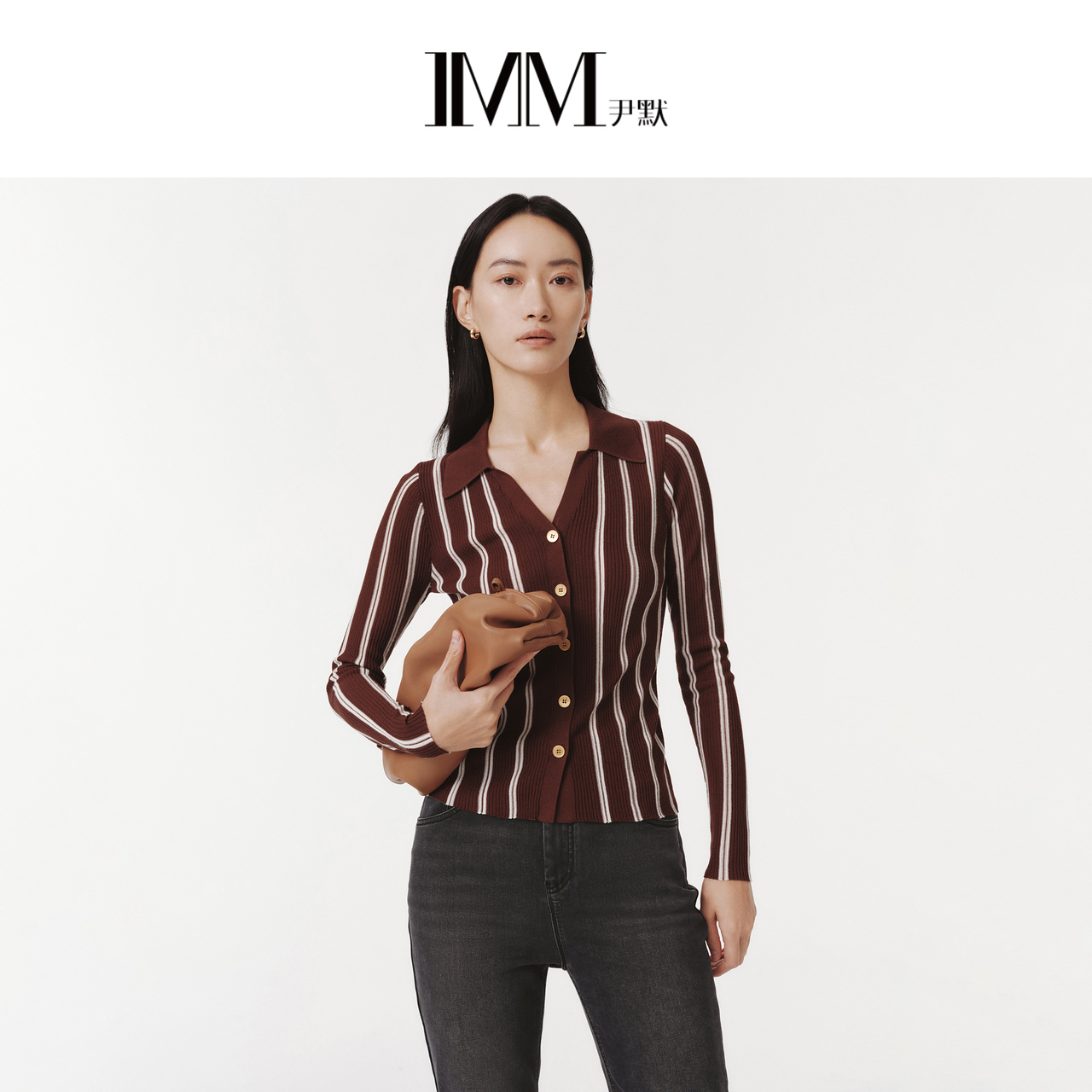 IMM尹默女装春天丝醋酸混纺复古风竖条纹长袖修身V领针织衫上衣