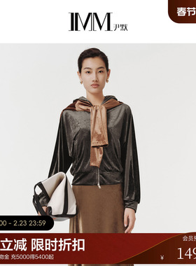 IMM尹默春弹力醋酸针织丝绒面料乱花纹理连帽夹克外套