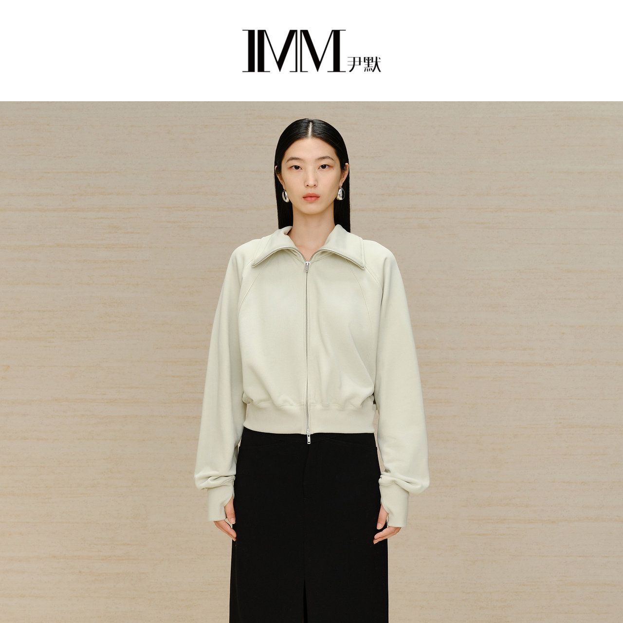 【设计总监然姐】IMM尹默女装2023冬季精棉玉石绿时髦双拉链卫衣