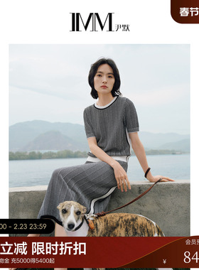 【电商专款】IMM尹默女装圆领格子针织衫短袖上衣春