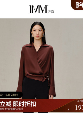 IMM尹默女装春季新款安可拉红色V领洋气上衣微弹真丝腰间系带衬衫