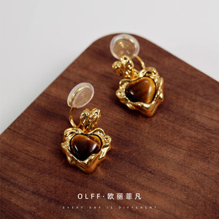 金属感虎眼石爱心耳钉耳夹高级感轻奢气质女无耳洞蚊香盘耳饰小众