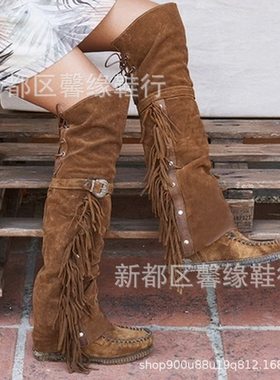 eaby外贸女大码圆头平跟铆钉流苏靴过膝长女靴绒面网红西部牛仔靴