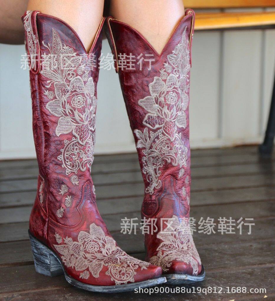 eaby外贸欧美跨境大码刺绣复古骑士靴民族风女尖头中跟高筒西部靴