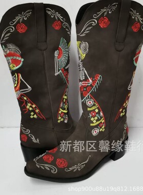 2023新款大码欧美刺绣花朵骷髅头粗跟西部靴套筒皮靴女网红骑士靴