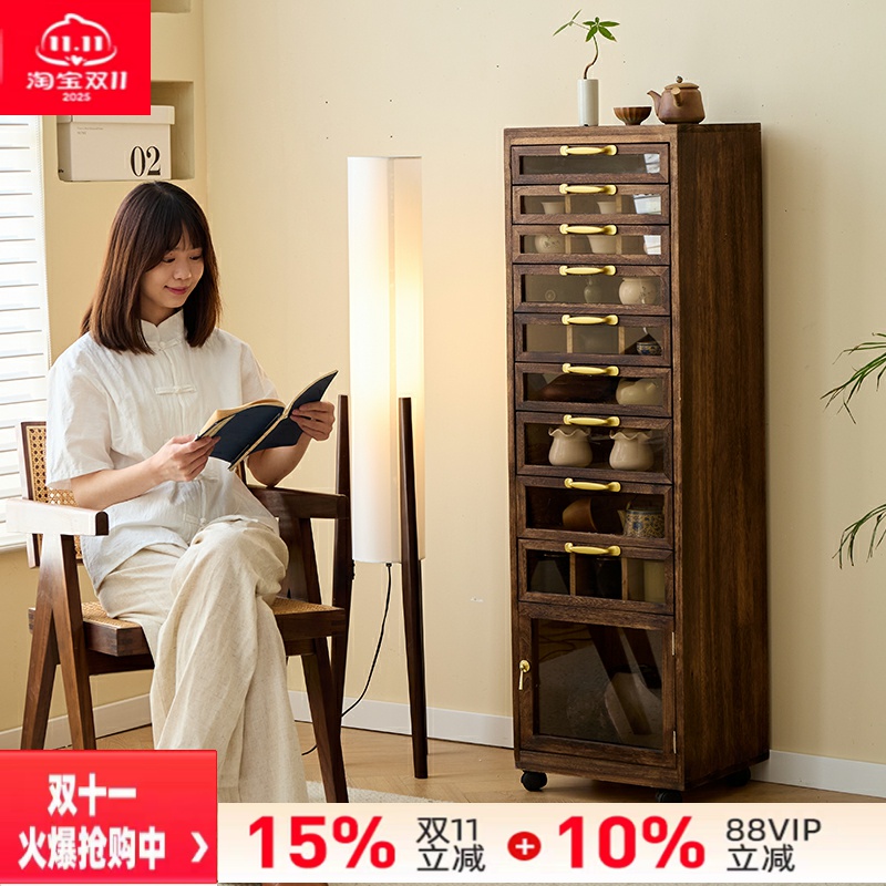 实木茶具收纳柜牙科柜首饰文玩整理柜子多层抽屉可视玻璃移动角柜