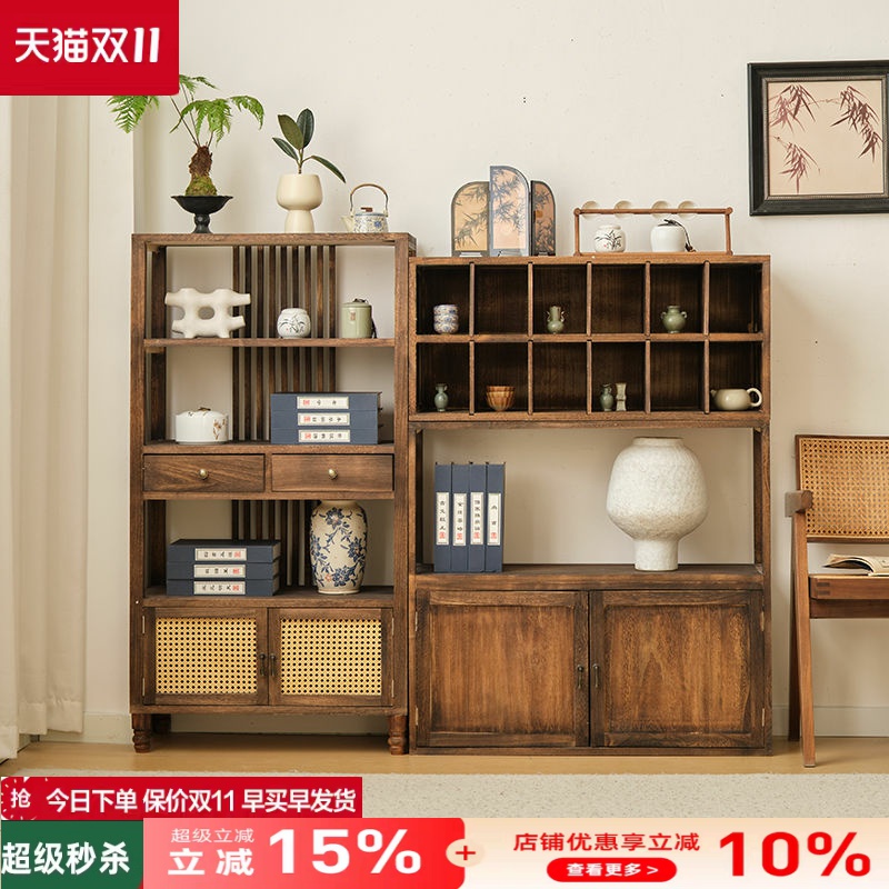 新中式博古架茶室置物架茶叶展示柜实木隔断多宝阁客厅摆件架子