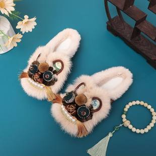 成人虎头鞋原创手工布鞋冬季加绒包头拖鞋女居家外穿新中式半拖鞋