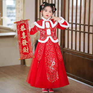女童冬季汉服加绒加厚中国风新年装中式高端公主裙儿童唐装拜年服
