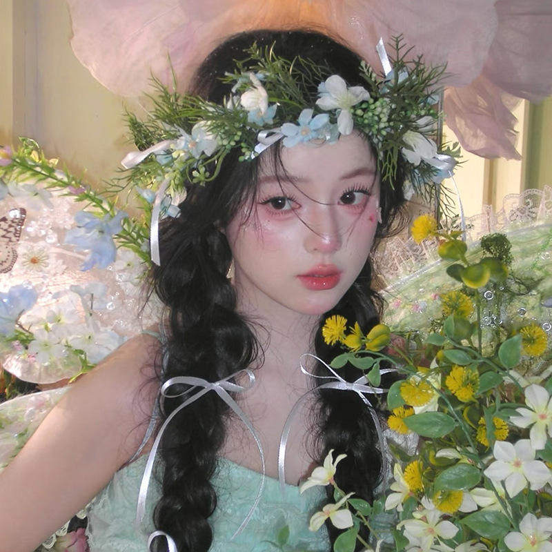 森系花环发饰高级感新娘婚纱写真配饰发箍女蓝色仿真花朵头箍头饰