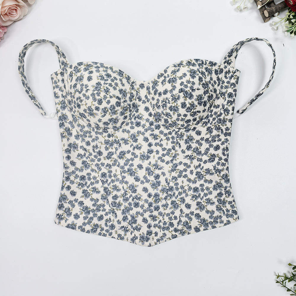 小清新碎花吊带胸衣防滑度假约会外穿抹胸收腰聚拢百搭鱼骨胸衣