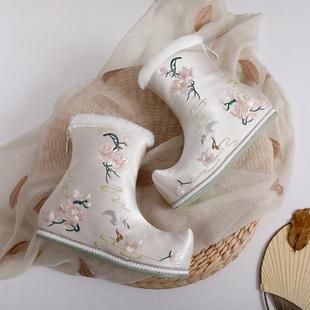 秋冬汉服靴子女短靴内增高软底舒适绣花鞋 加绒棉靴古风布鞋