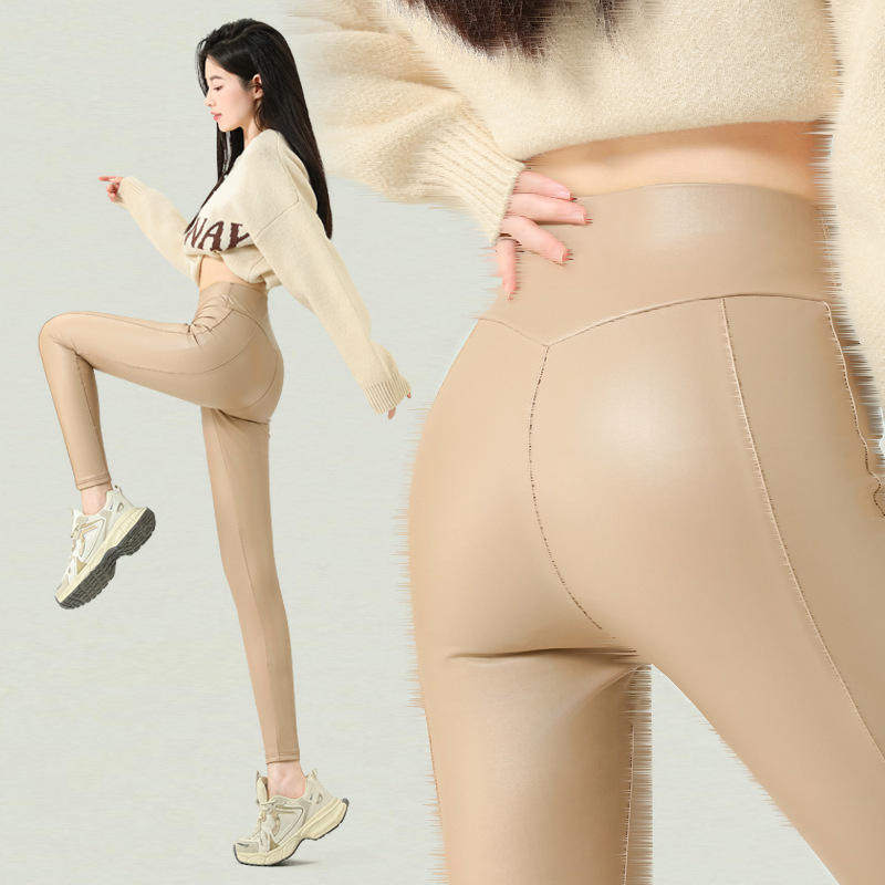 婴儿皮裤女加绒高腰紧身弹力薄绒亚光打底裤外穿修身裤小脚