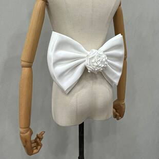 白色蝴蝶结缎面婚纱配件拖尾头纱长款婚礼腰部配饰简约高级