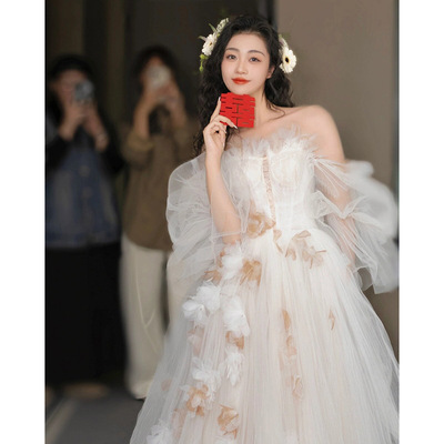 一字肩法式轻婚纱新娘新款森系主