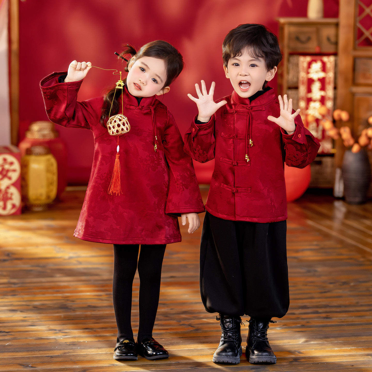 拜年服男童冬季汉服儿童元旦表演出服红色套装姐弟新中式过年衣服,童装/婴儿装/亲子装,汉服,淘宝优惠券,粉丝福利购,淘宝优惠卷