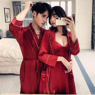 2021春季新款情侣睡衣女士睡袍仿真丝吊带睡裙两件套男士新婚晨袍