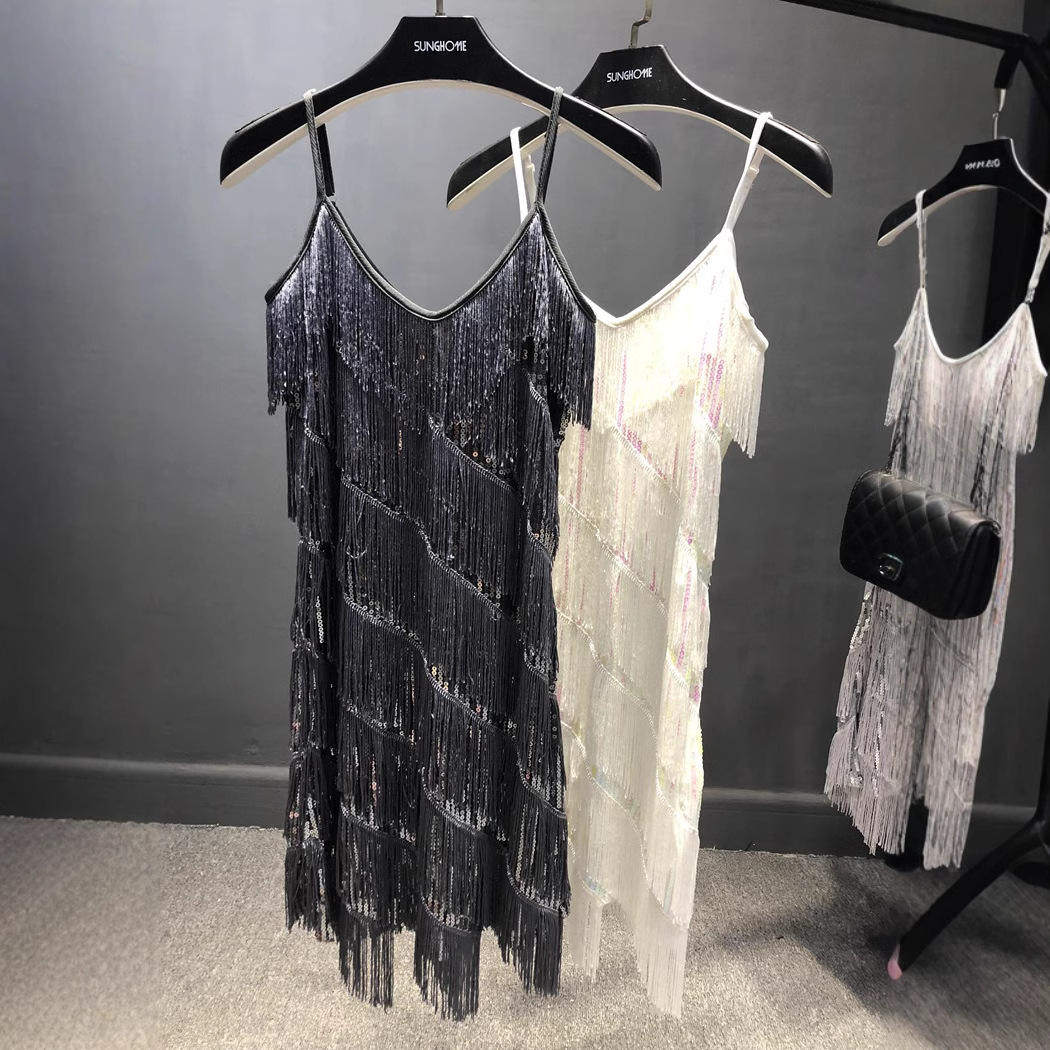 夏季新款性感领流苏吊带连衣裙亮片国标舞裙夜店肚皮舞女裙
