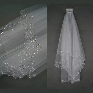 新娘结婚头纱双层吊坠缝珠手工头纱珍珠水钻头纱两层带发梳头纱