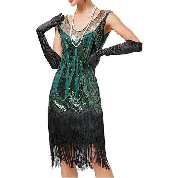 亮片钉珠连衣裙复古领双层流苏礼服裙盖茨比鸡尾酒舞会优雅