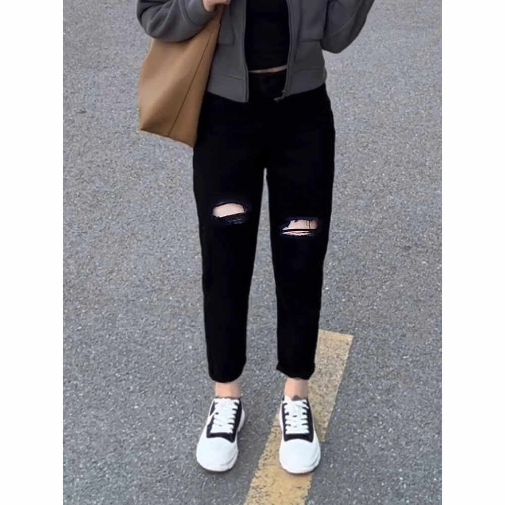 梨型身材破洞牛仔裤女大码胖妹妹mm夏季薄款宽松显瘦高腰哈伦裤子